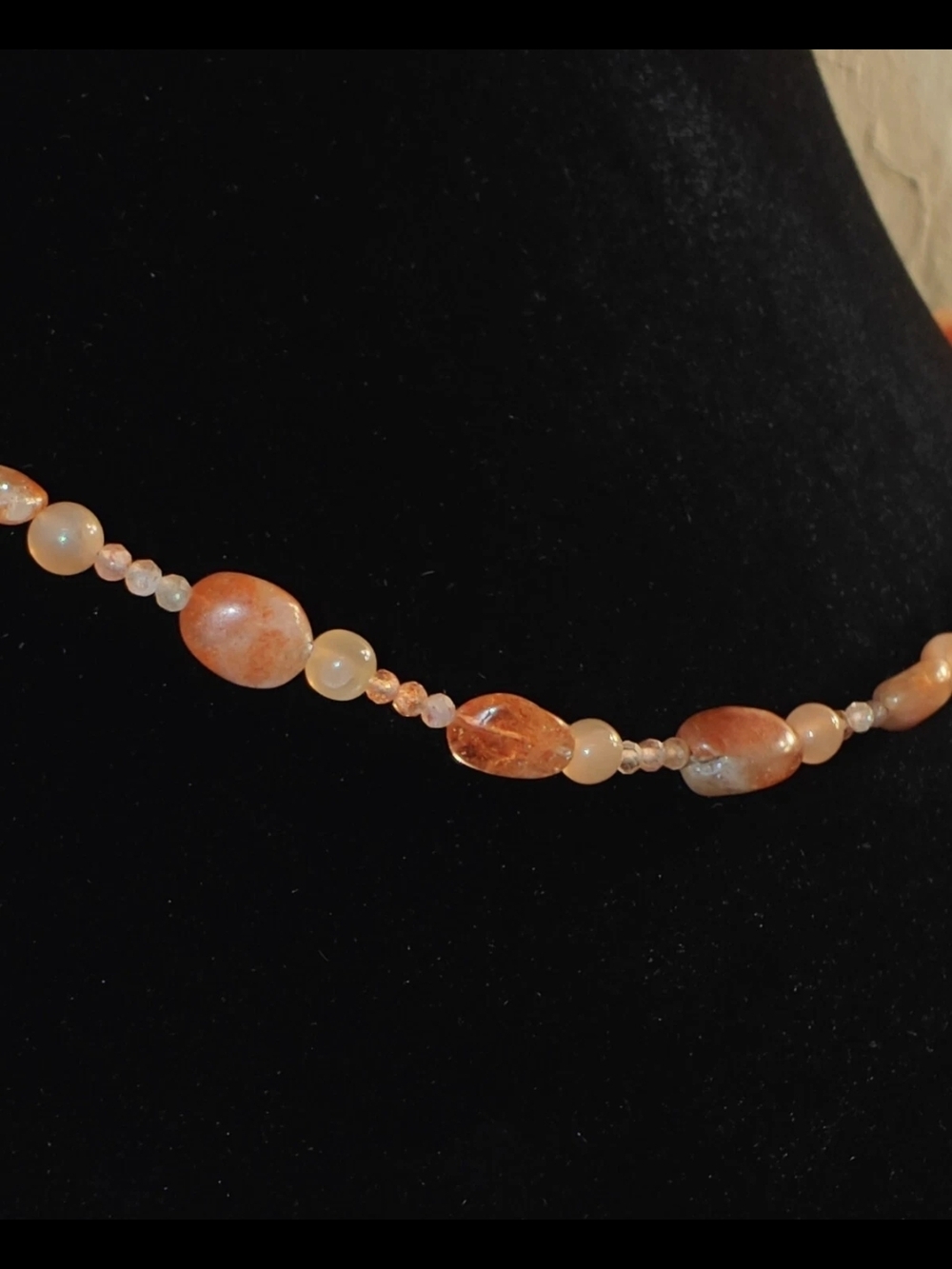 Natural Sunstone and Red Moonstone Beaded Necklace Sterling Silver Clasp Clasp